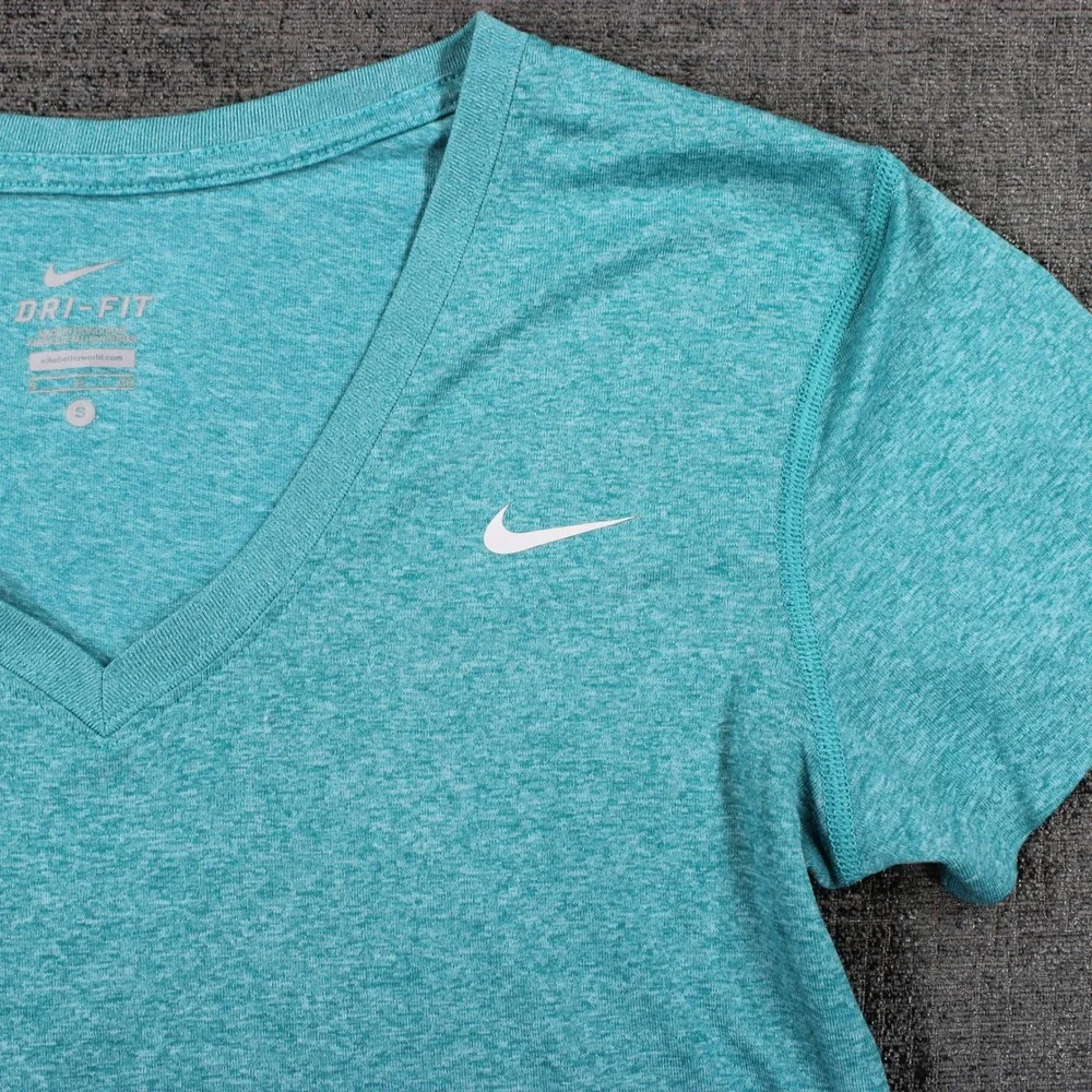 Nike Dri-FIT Womens V-Neck T-Shirt Teal Heathered Short Sleeve Athletic Top S